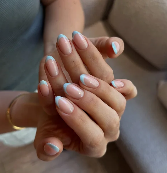 Sheer Nude with Light Blue French Tips — Blue Nails