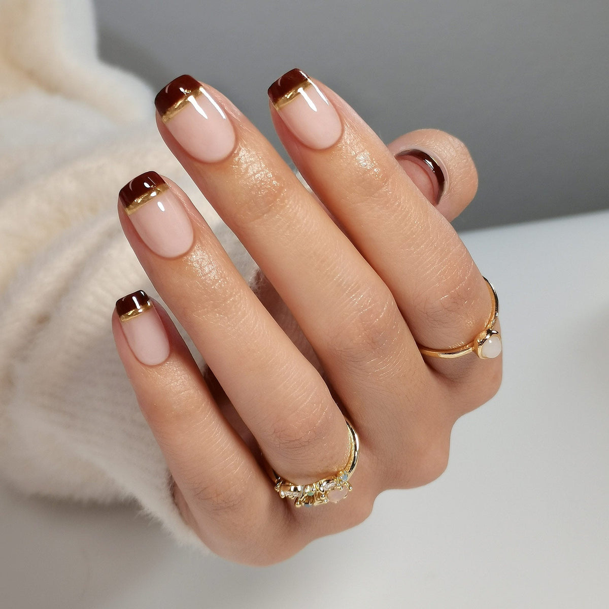 Dark Brown French Squoval with Gold Line Dark Brown French Squoval with Gold Line — Squoval Nails