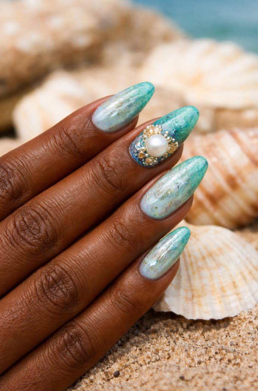 Blue Teal Gold Fleck Almonds Blue Teal Gold Fleck Almonds — Mermaid Nails