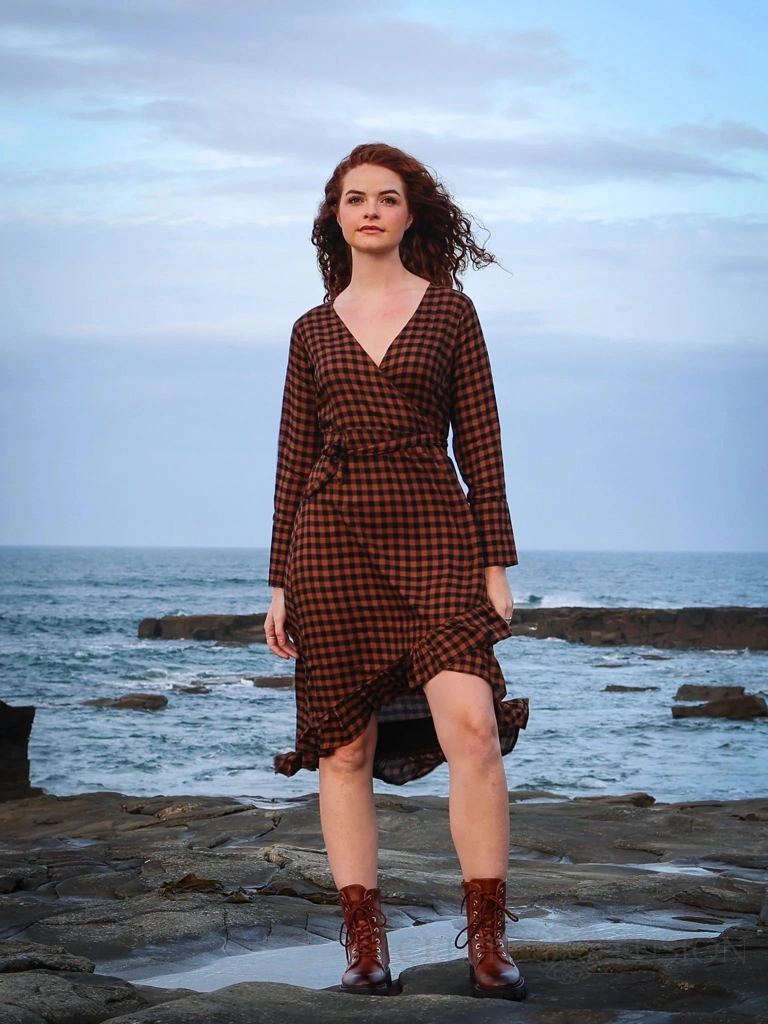 Brown Plaid Wrap Dress with Asymmetrical Hem — Cottagecore Outfits