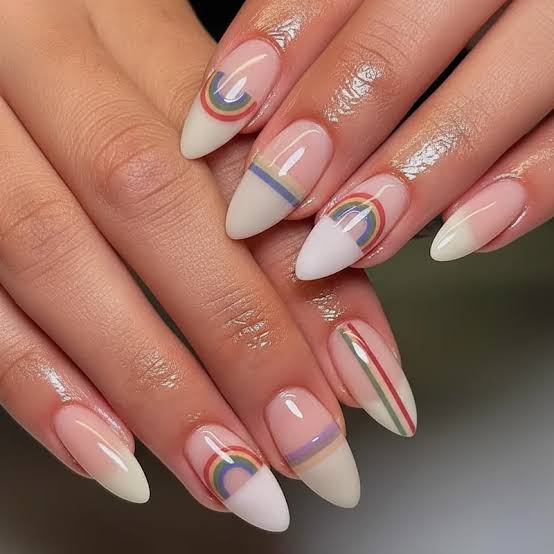 Almond French with Rainbow Arcs — Nail Designs