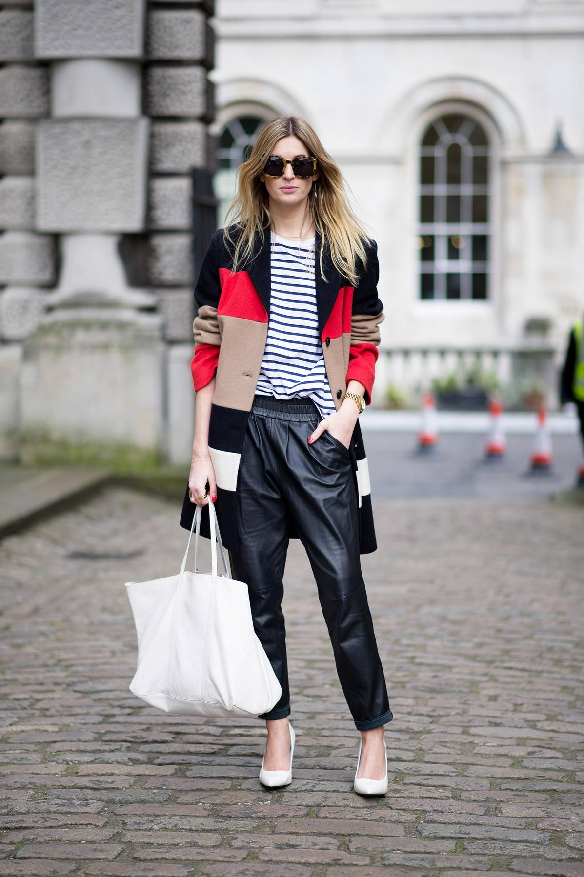Colour-Blocked Jacket with Leather Trousers for a Fashion Forward Look Colour-Blocked Jacket with Leather Trousers for a Fashion Forward Look — London Outfits