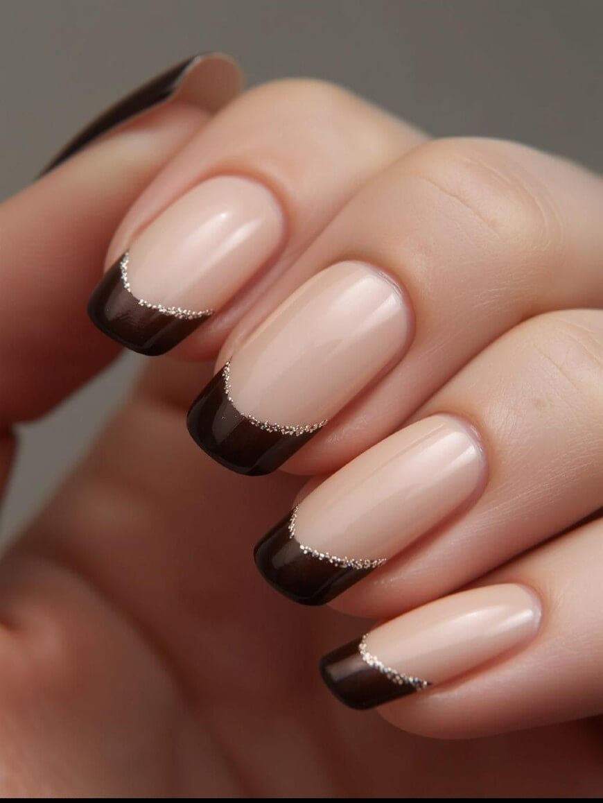 Silver Glitter Line Brown French Tips — Brown French Tip Nails