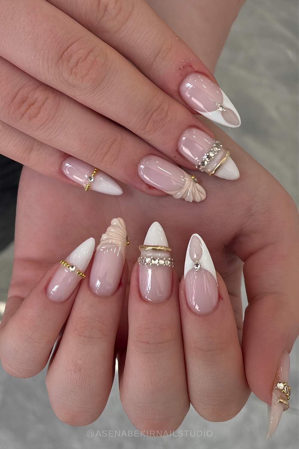 Embellished French Tip Stiletto Almond — White French Tip Nails