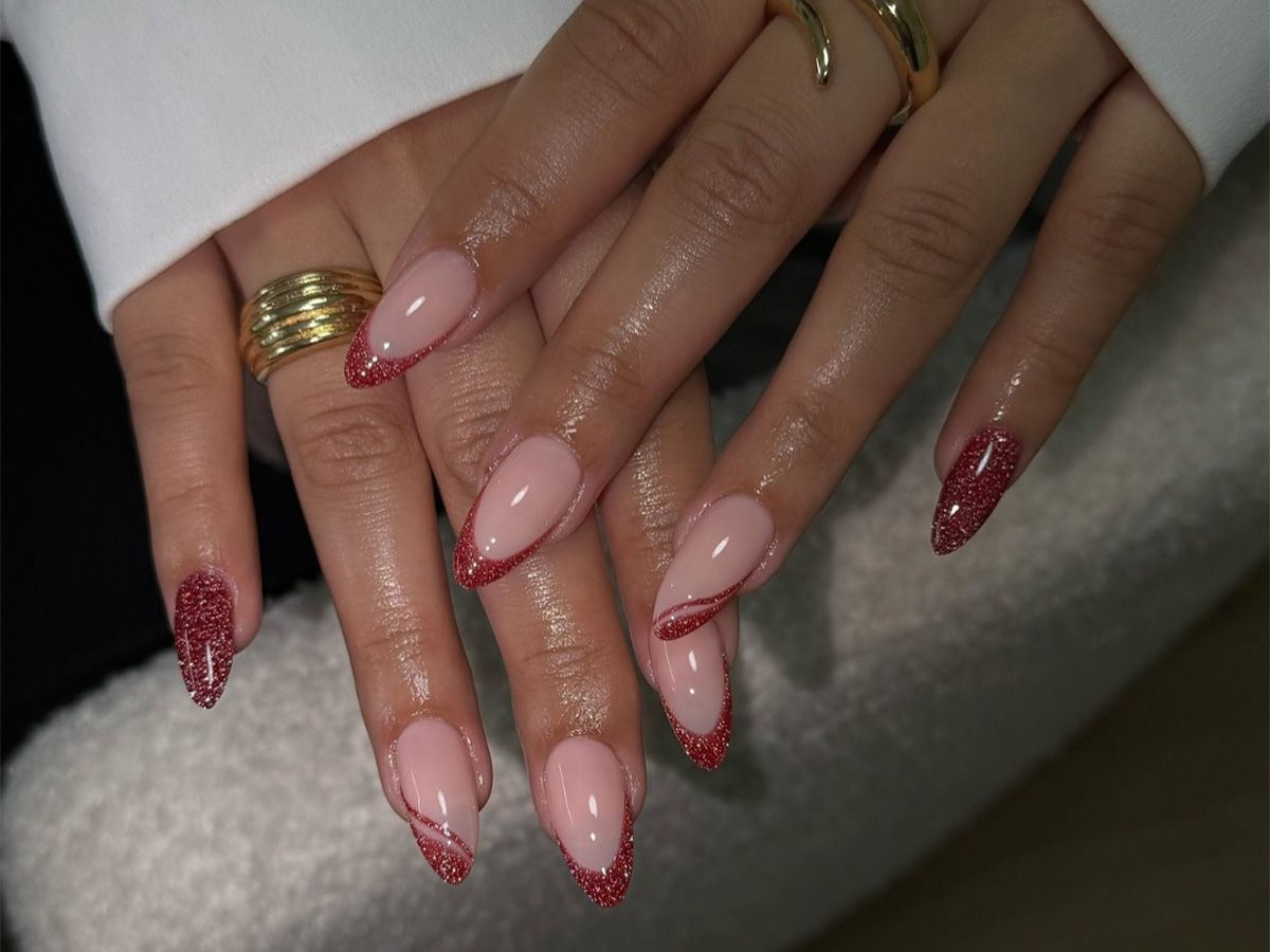 Glossy With Glitter Visual Idea — Red French Tip Nails