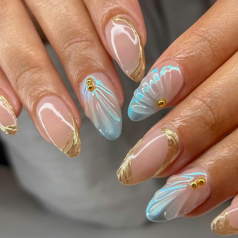 Nude Base with 3D Blue Shells and Gold Foil — 3D Nails