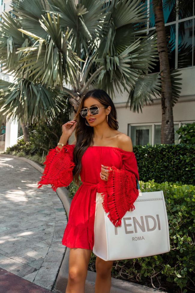Vibrant Red Off-the-Shoulder Romper with Crochet Sleeves Vibrant Red Off-the-Shoulder Romper with Crochet Sleeves — Miami Outfits