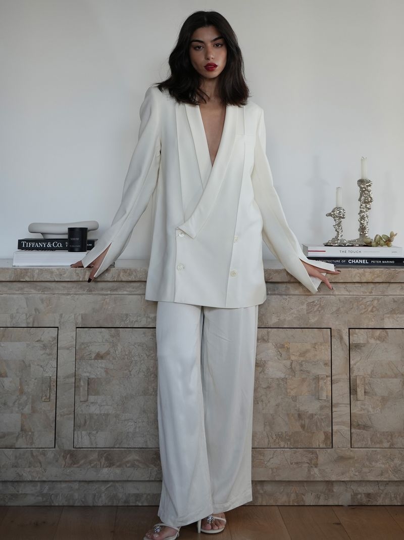 Ivory Satin Suit with Oversized Blazer and Wide-Leg Pants — Party Outfits