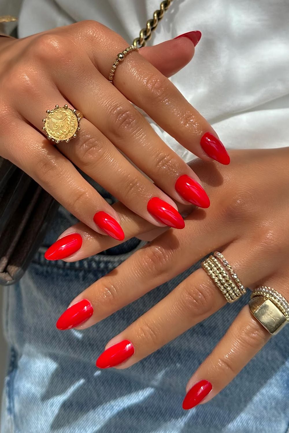 None Vibrant True Red Glossy Almond — Red Nails