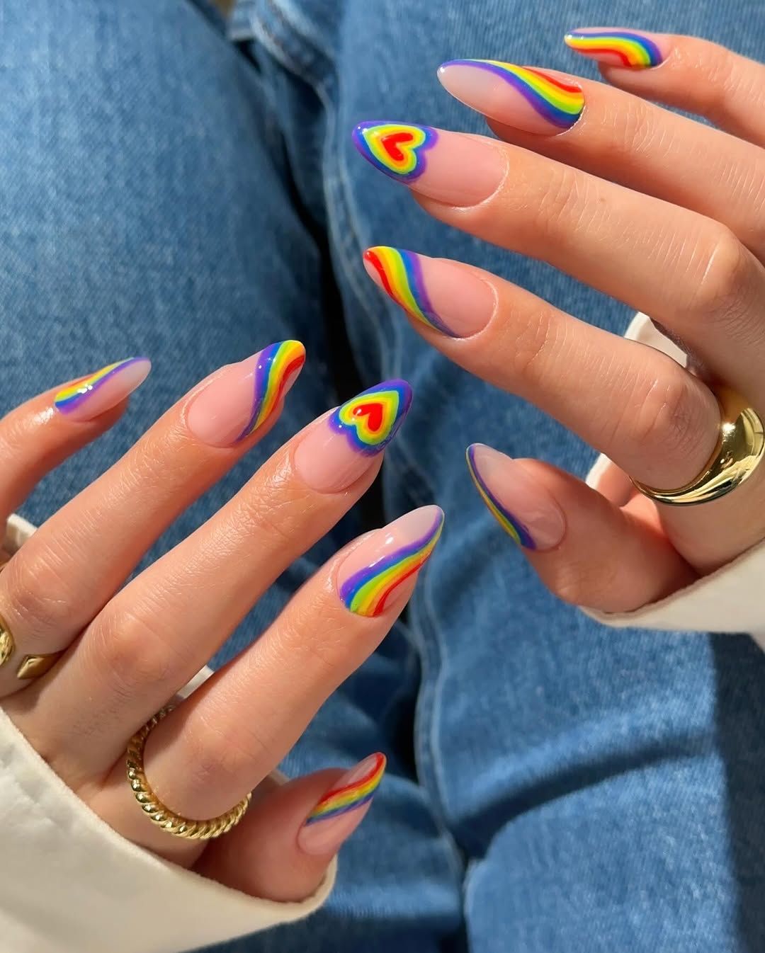 Rainbow Stripes and Heart Accents — Rainbow Nails