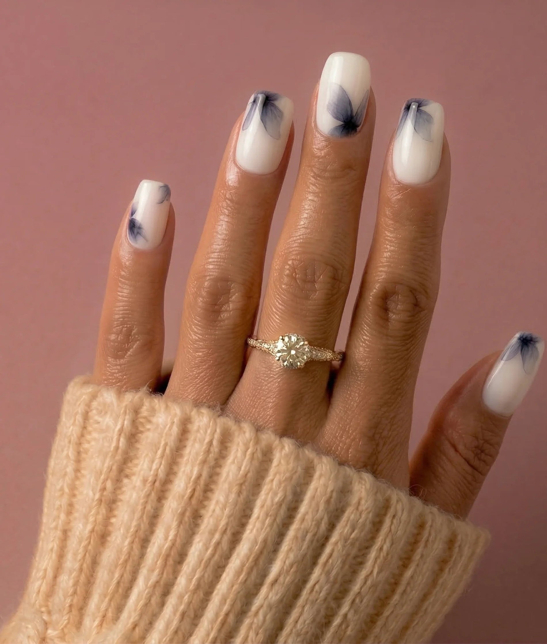 White Blue Grey Floral Watercolor Square Nails — Simple Short Nails
