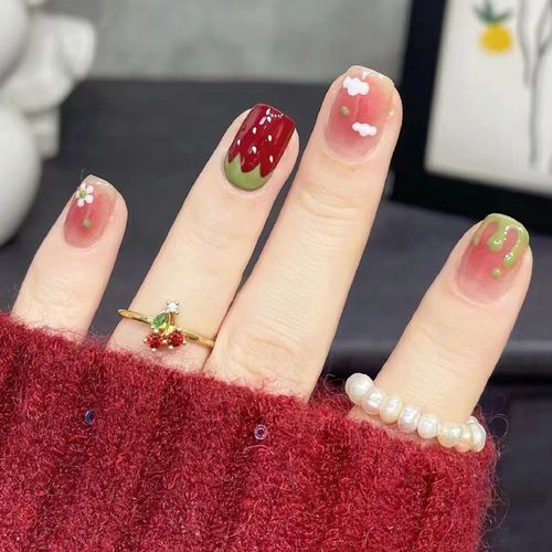 Short Square Strawberry Drip Nails — Strawberry Nails