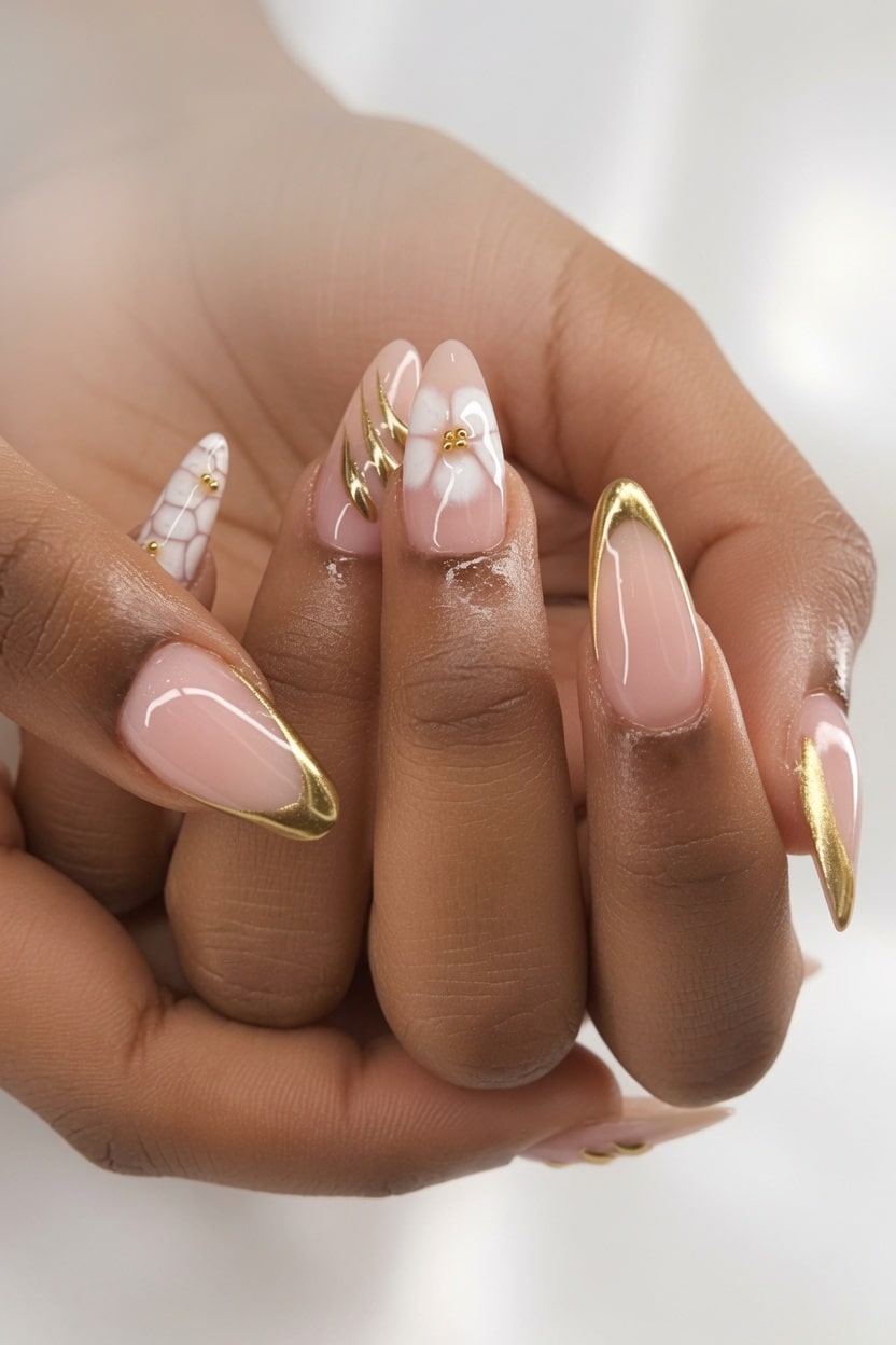 Long Almond with Metallic Gold French Tips — Nail Designs