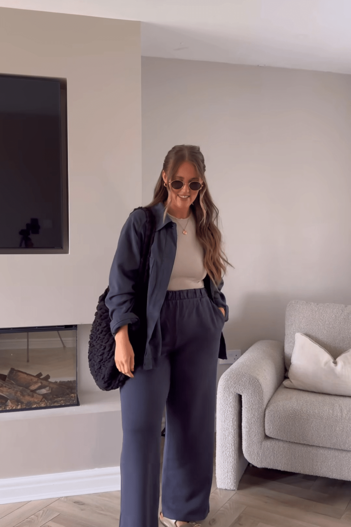 Oversized Shirt Jacket with Wide-Leg Trousers — Postpartum Outfits