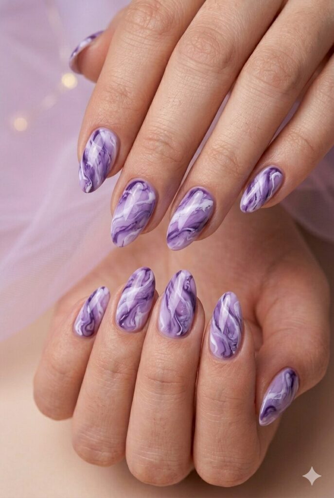 Light Purple and White Marble Medium Oval Nails Light Purple and White Marble Medium Oval Nails — Purple Nails