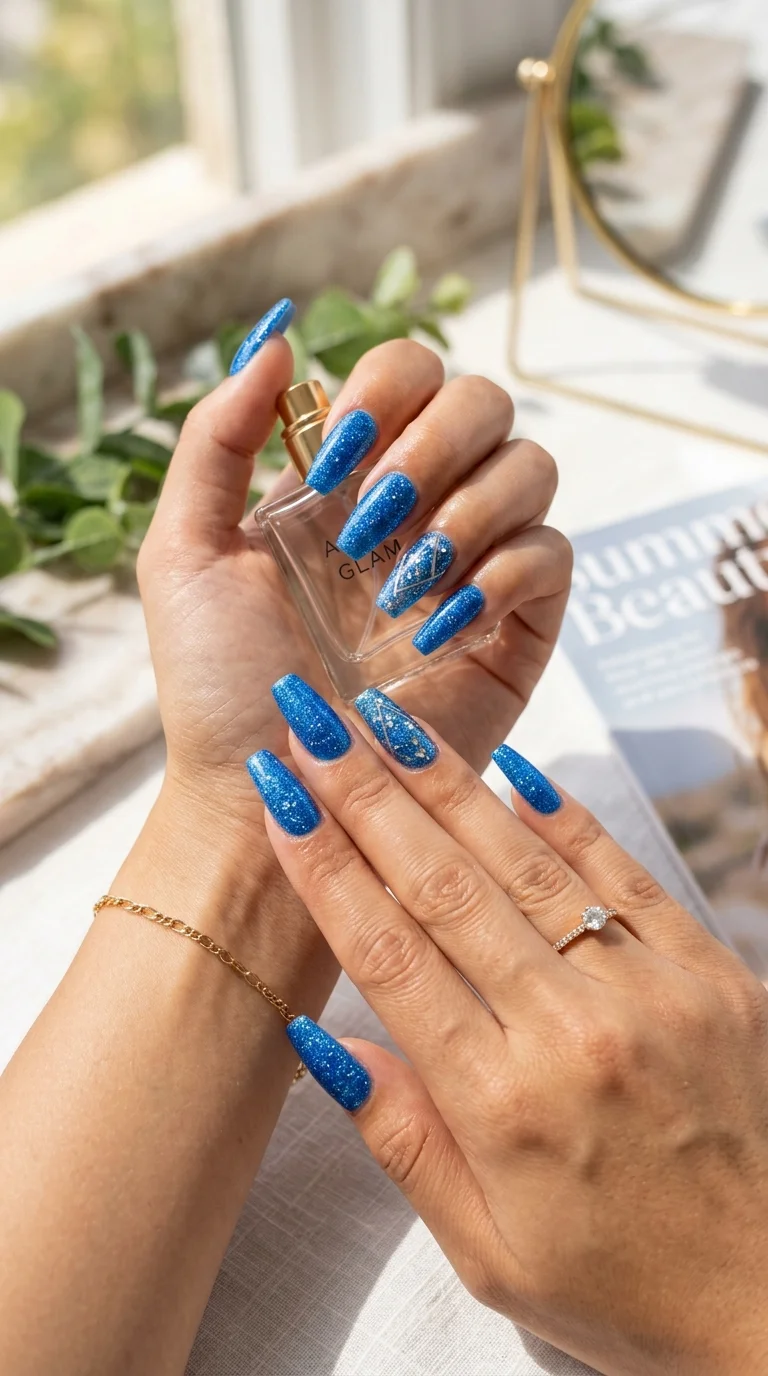 Glittery Blue Coffin Nails with Silver Foil — Blue Nails