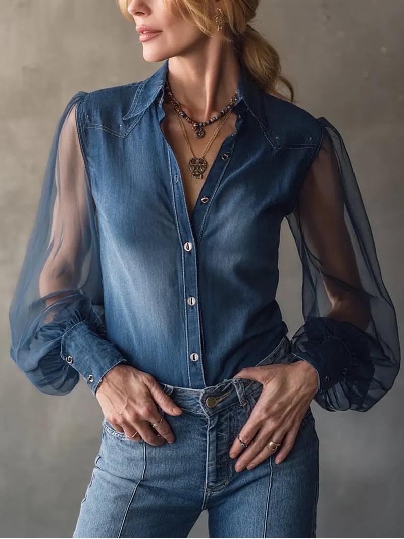 Denim Shirt with Sheer Puff Sleeves and Layered Necklaces Denim Shirt with Sheer Puff Sleeves and Layered Necklaces — Western Outfits