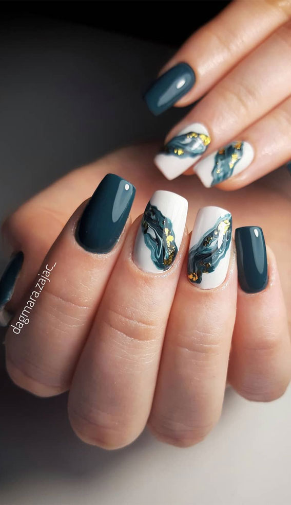 Deep Teal and White Marble with Gold Accents Deep Teal and White Marble with Gold Accents — Marble Nails
