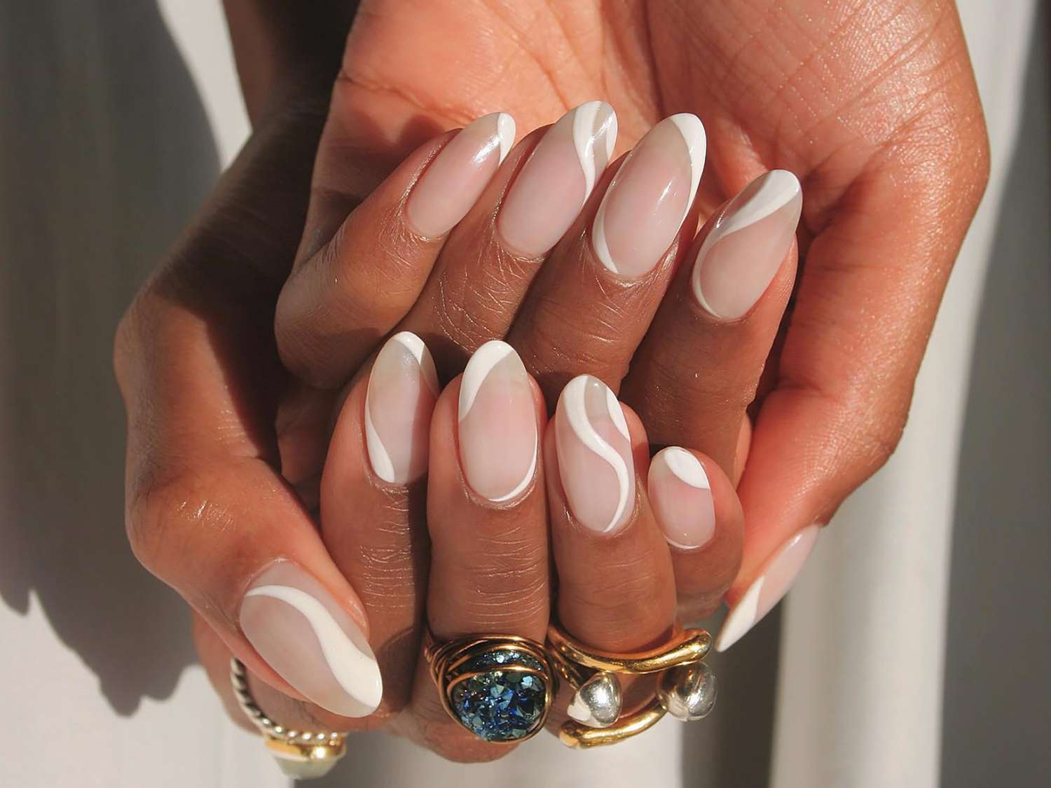 Abstract White Wavy Lines Medium Almonds — Medium Almond Nails