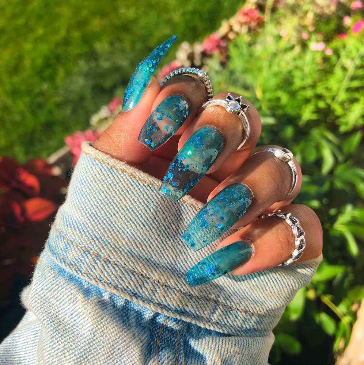 Teal Jelly with Embedded Blue Glitter — Jelly Nails