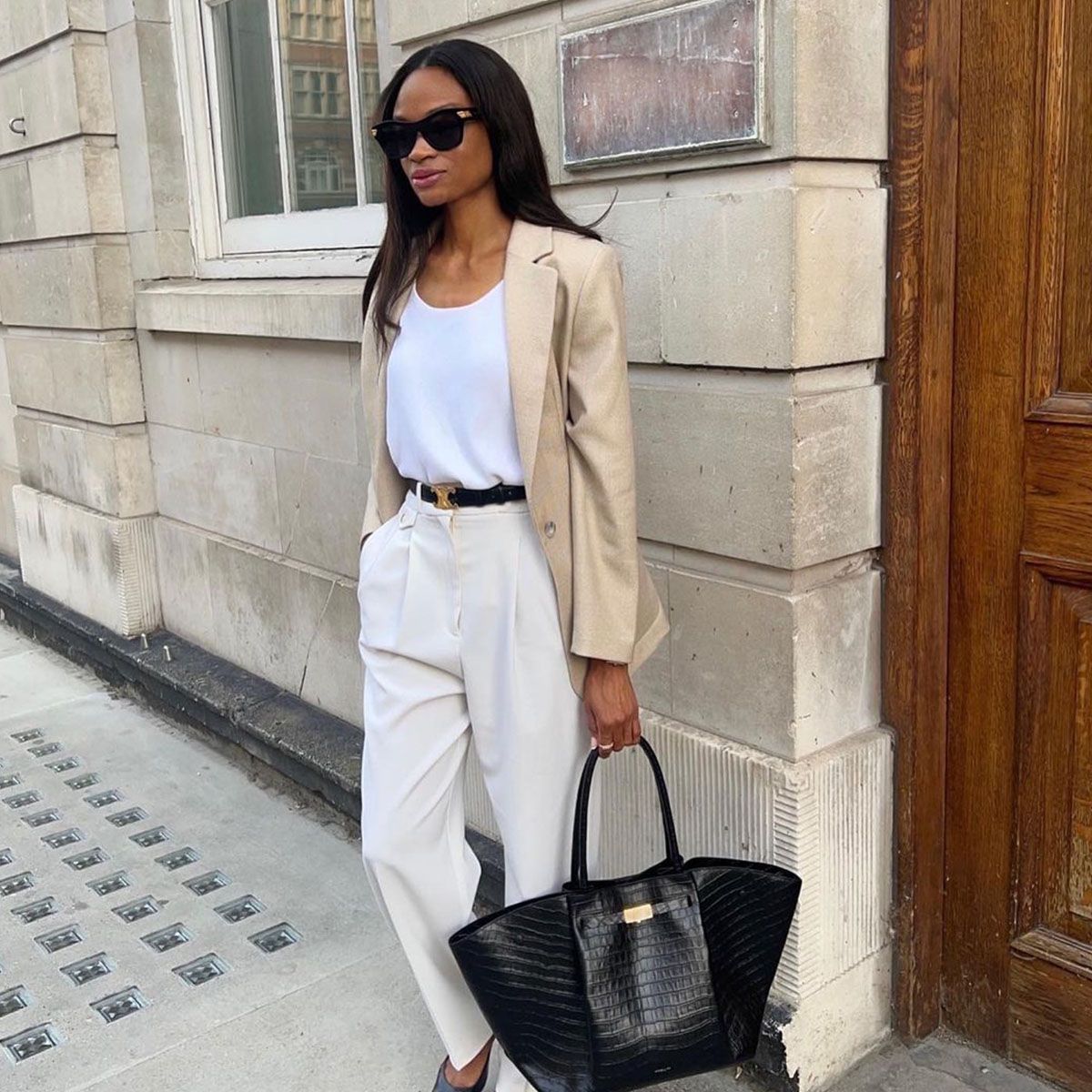 Beige Blazer with White Trousers and Structured Tote Beige Blazer with White Trousers and Structured Tote — Office Siren Outfits