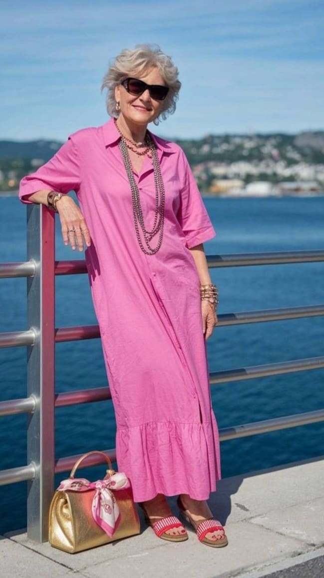 Casual Vacation Style: Bright Pink Midi Dress Casual Vacation Style: Bright Pink Midi Dress — Outfits for Women Over 60