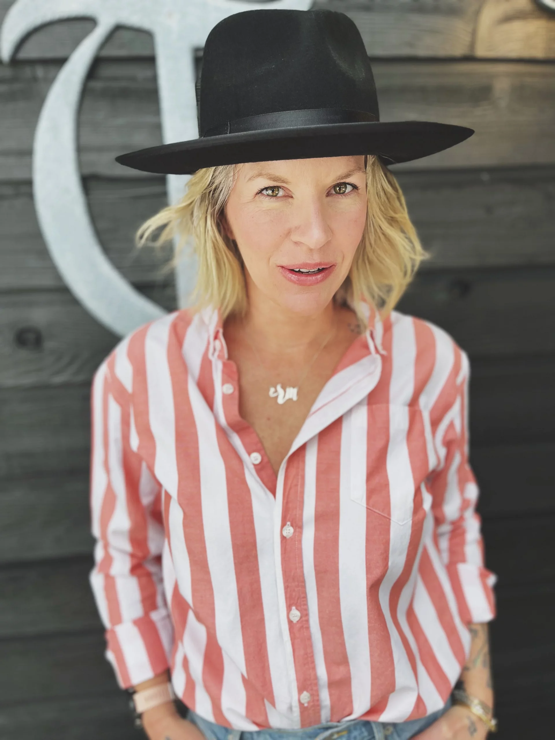 Coral and White Striped Button-Up Shirt with a Black Fedora — Coastal Cowgirl Outfits