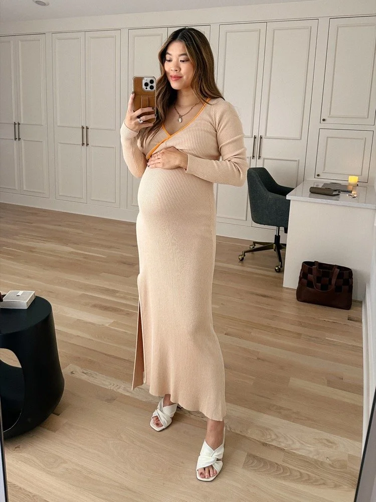 Beige Ribbed Knit Maxi Dress with Orange Trim Beige Ribbed Knit Maxi Dress with Orange Trim — Baby Shower Outfits