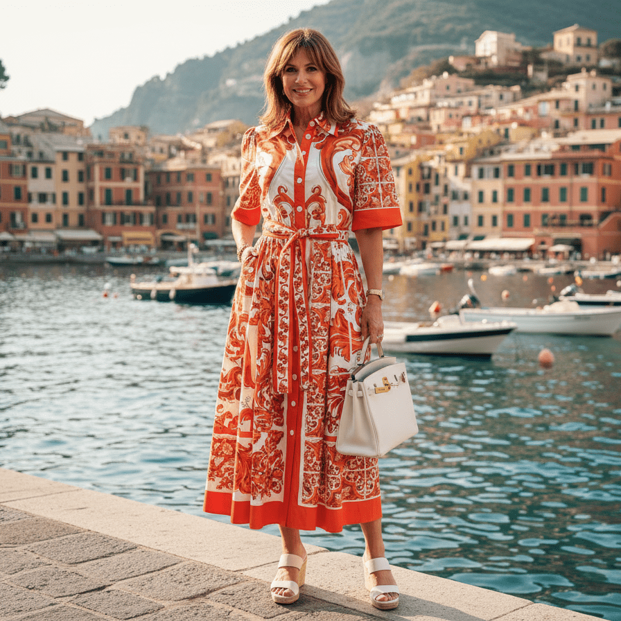 Printed Midi Dress with Belt for Cruise Vacation Chic Printed Midi Dress with Belt for Cruise Vacation Chic — Cruise Outfits