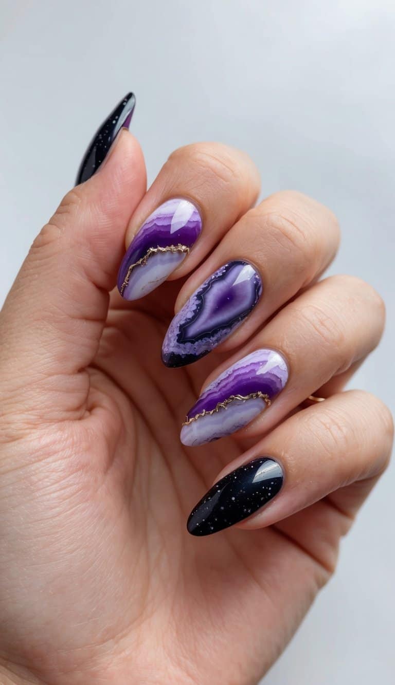 Agate Inspired Purple White Gold Black Nails Agate Inspired Purple White Gold Black Nails — Dark Nails