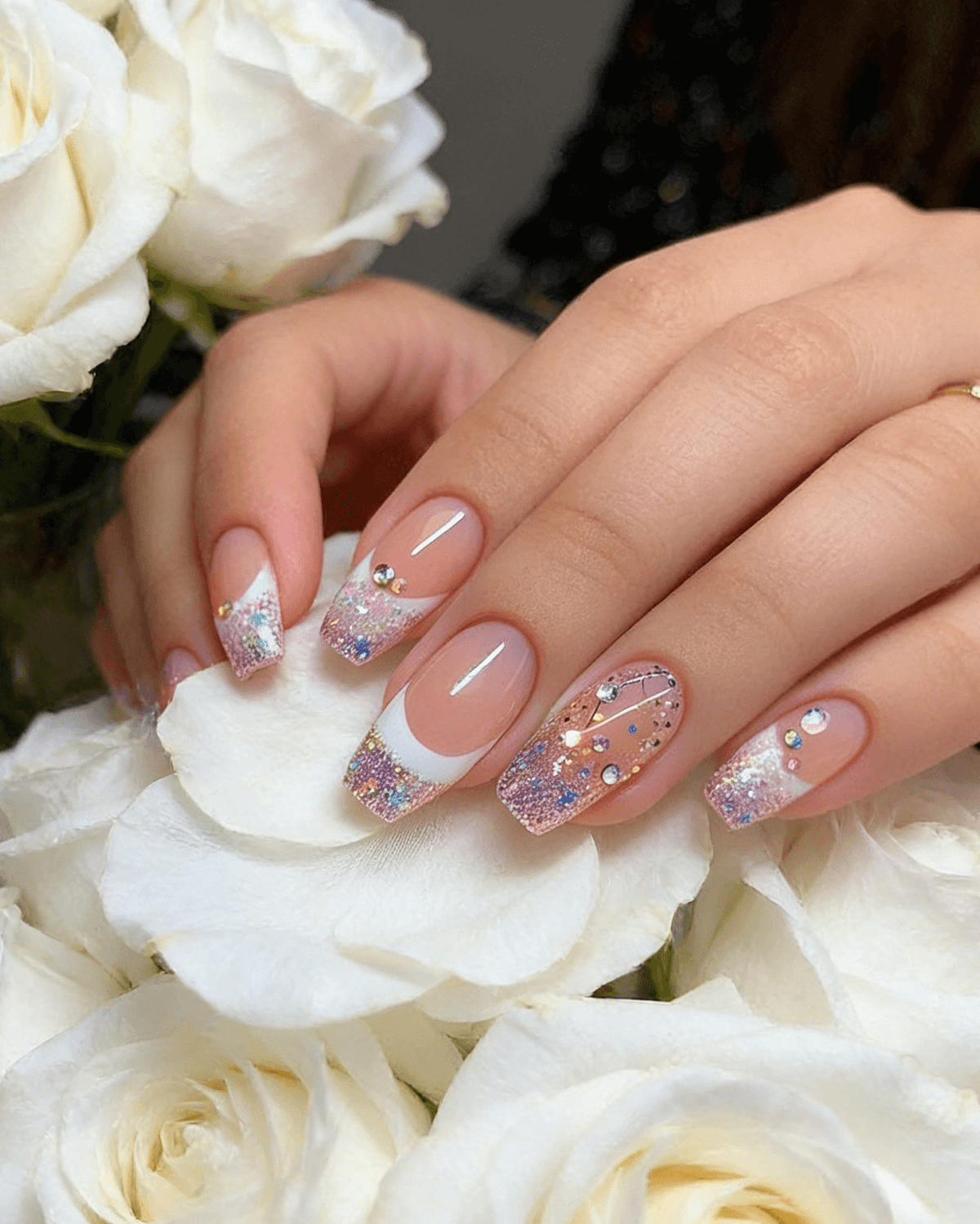 Sparkling Nude French with Glitter and Stars — Short Coffin Nails