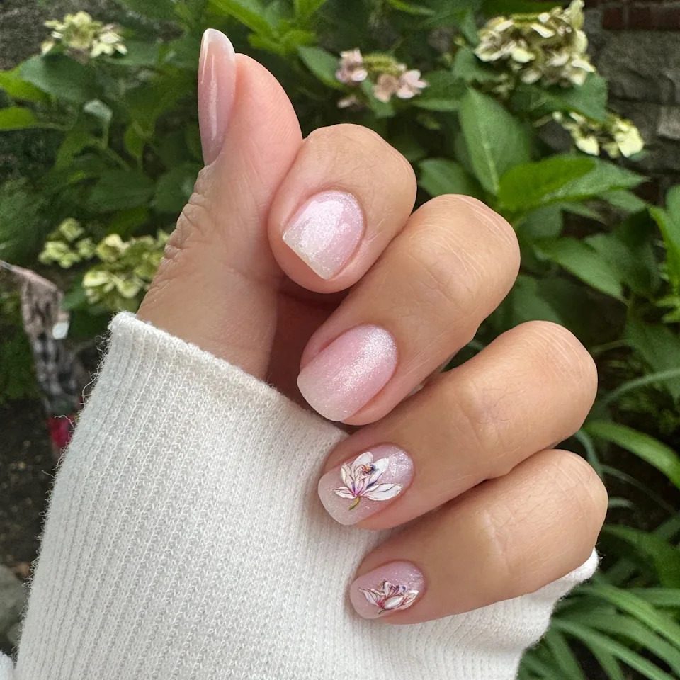 Shimmering Pale Pink With Floral Decals — Wedding Guest Nails