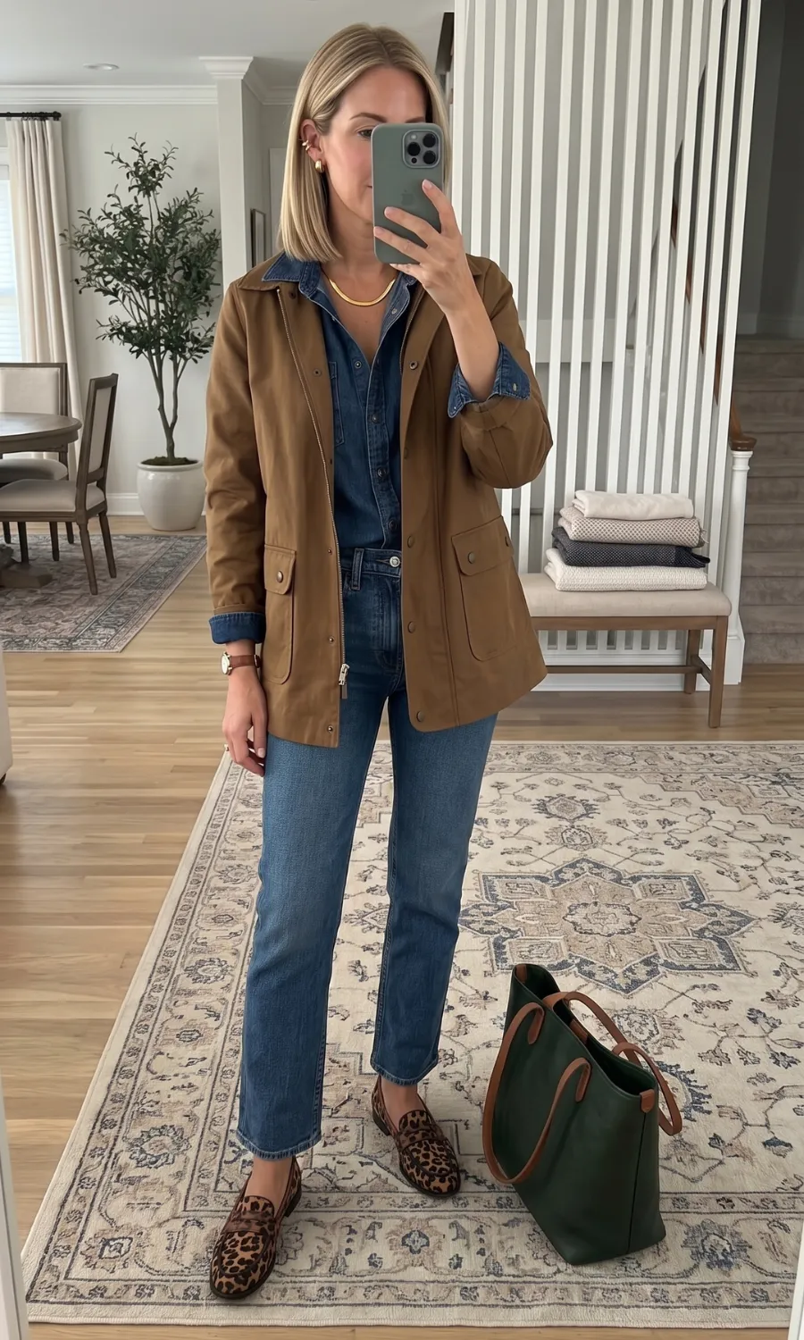 Utility Jacket and Leopard Loafers — Mom Outfits