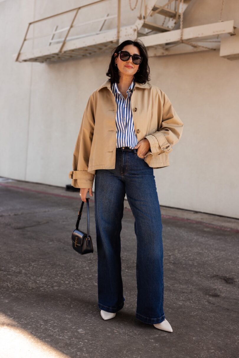 Casual City Style: Cropped Jacket with Striped Shirt and Wide-Leg Jeans — French Girl Outfits