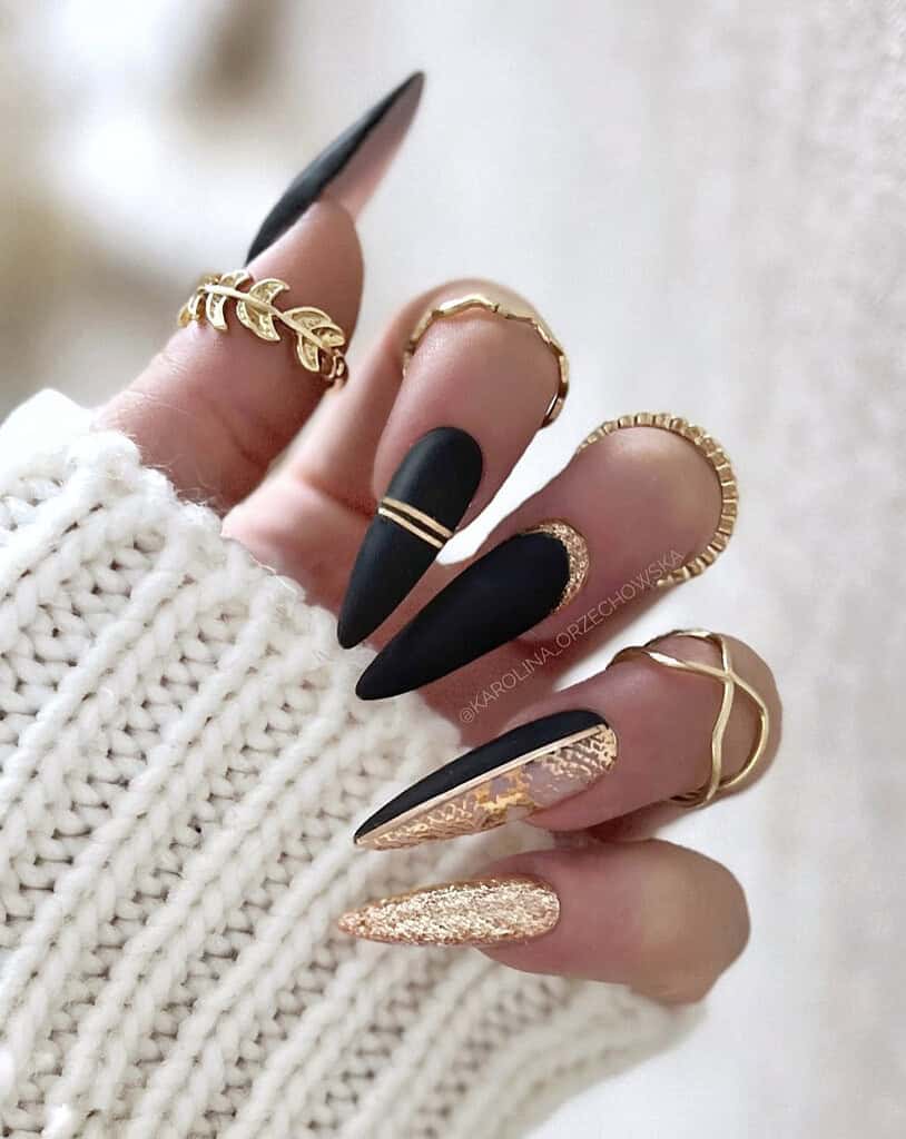 Long Stiletto Matte Black with Gold Accents — Black and Gold Nails