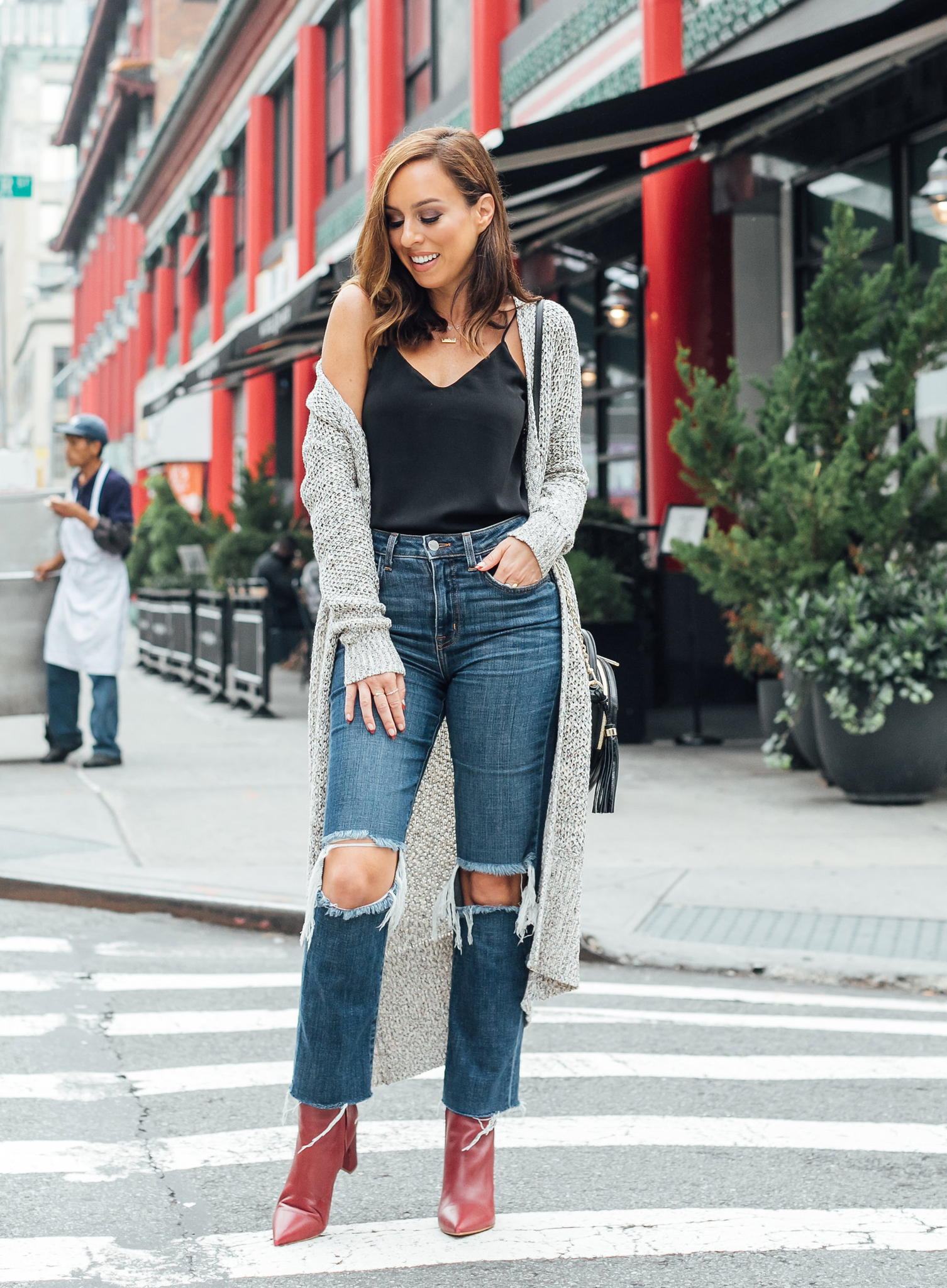 Cozy Knit Cardigan Over a Camisole and Ripped Jeans Cozy Knit Cardigan Over a Camisole and Ripped Jeans — Casual Date Night Outfits