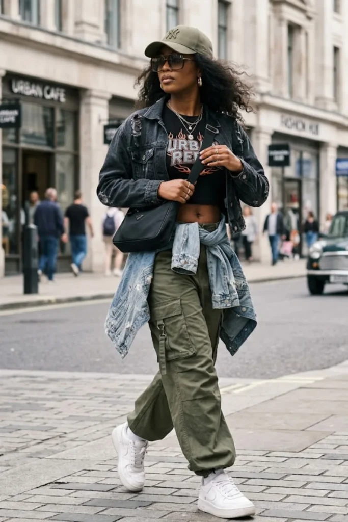 Cargo Pants and Graphic Crop Top with a Denim Jacket Cargo Pants and Graphic Crop Top with a Denim Jacket — Baddie Outfits