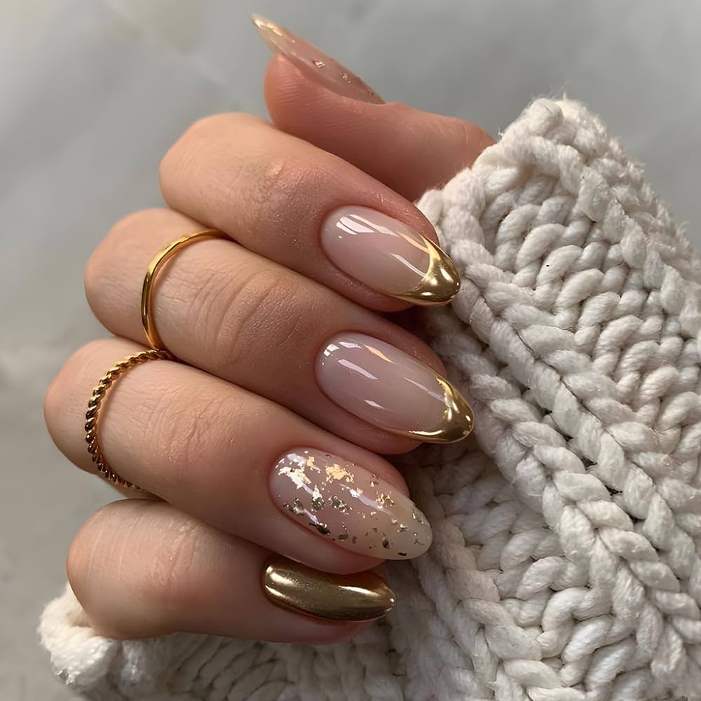 One Hand Close-Up Visual Idea — Gold French Tip Nails