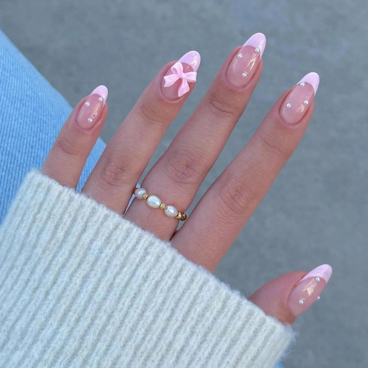 Pastel Pink French with Bow Accent Pastel Pink French with Bow Accent — Pink French Tip Nails