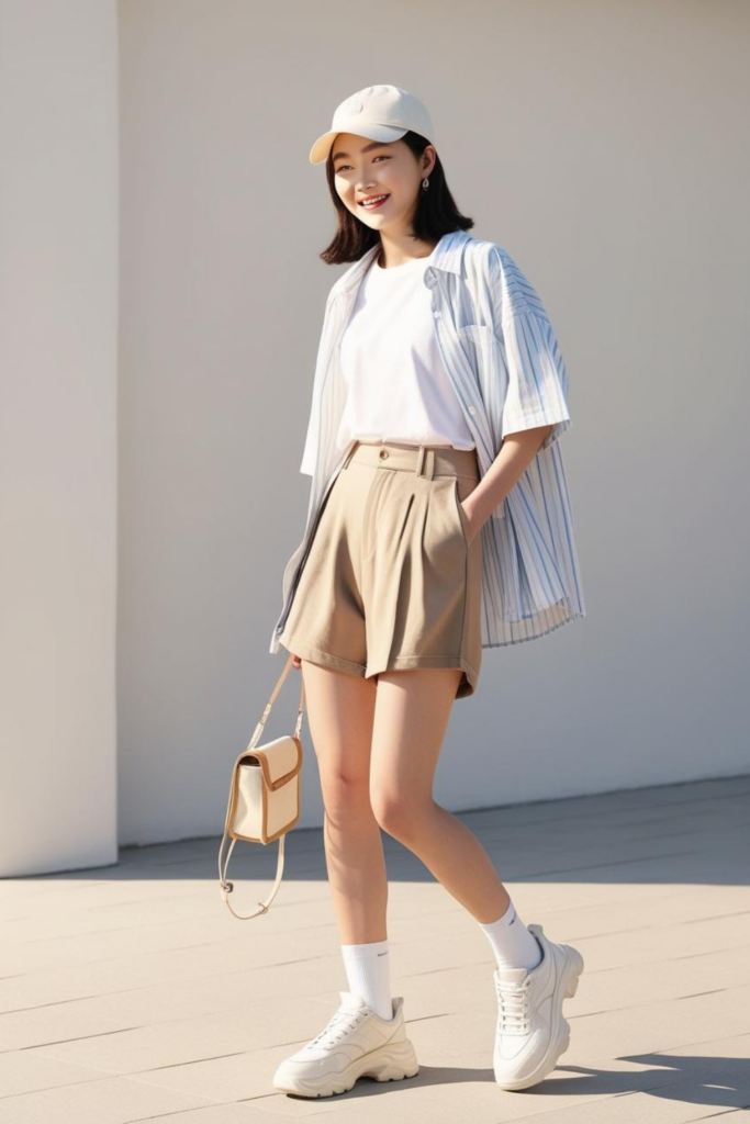 Striped Shirt and Beige Shorts Summer Casual Striped Shirt and Beige Shorts Summer Casual — Korean Outfits