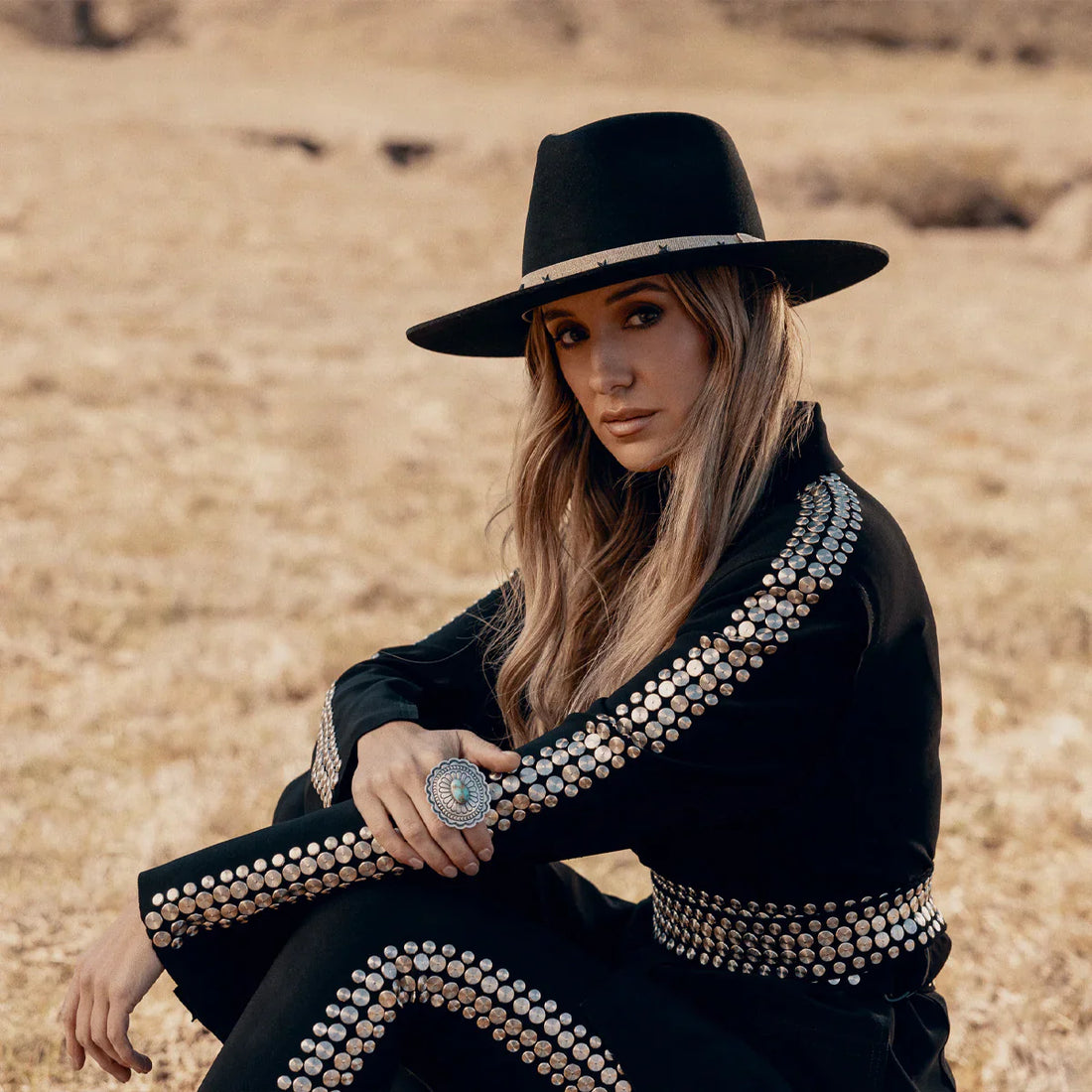 Embellished Black Outfit with Silver Studs and Turquoise Ring — Rodeo Outfits
