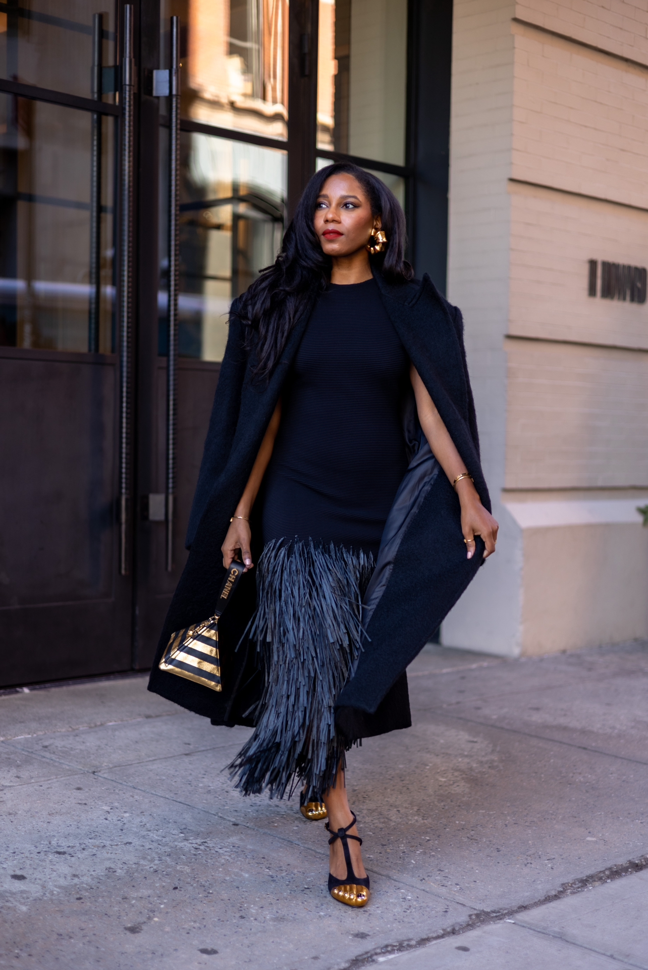 Elegant Black Fringe Dress with Draped Coat for Evening — New York Outfits