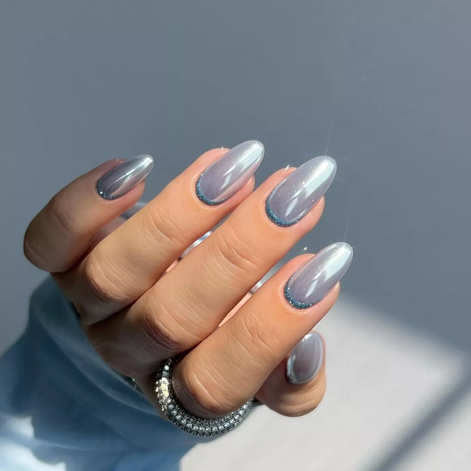 Chrome Grey Blue Glitter Cuticle — Reverse French Nails