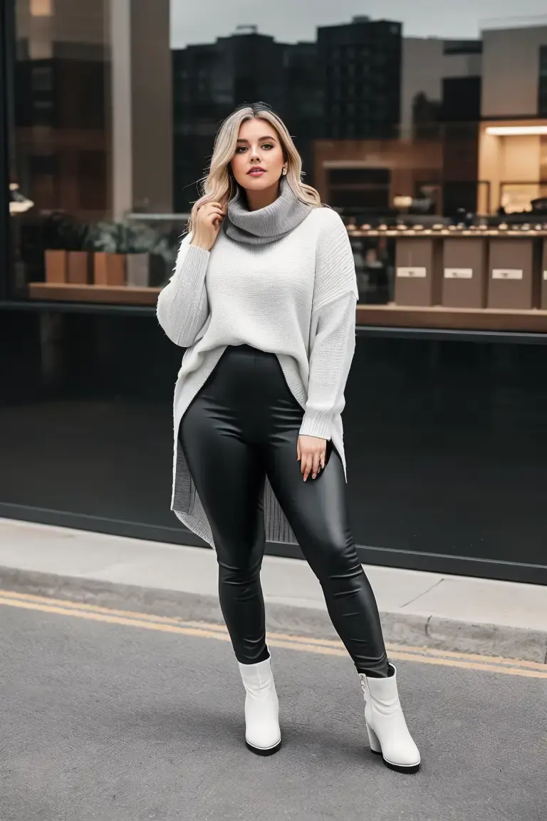 Cozy Oversized Turtleneck with Faux Leather Leggings — Curvy Outfits