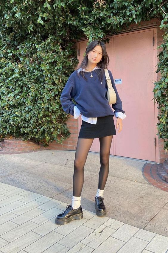 Layered Sweatshirt and Collared Shirt with Mini Skirt — School Outfits