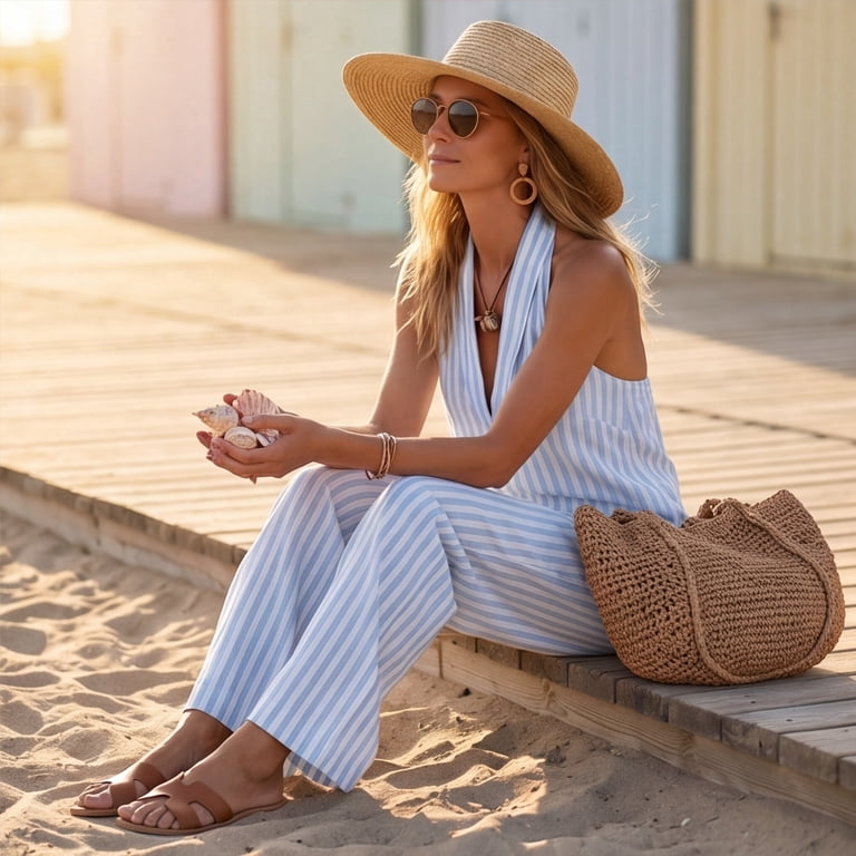 Striped Halter Neck Jumpsuit with Straw Accessories — Comfy Outfits