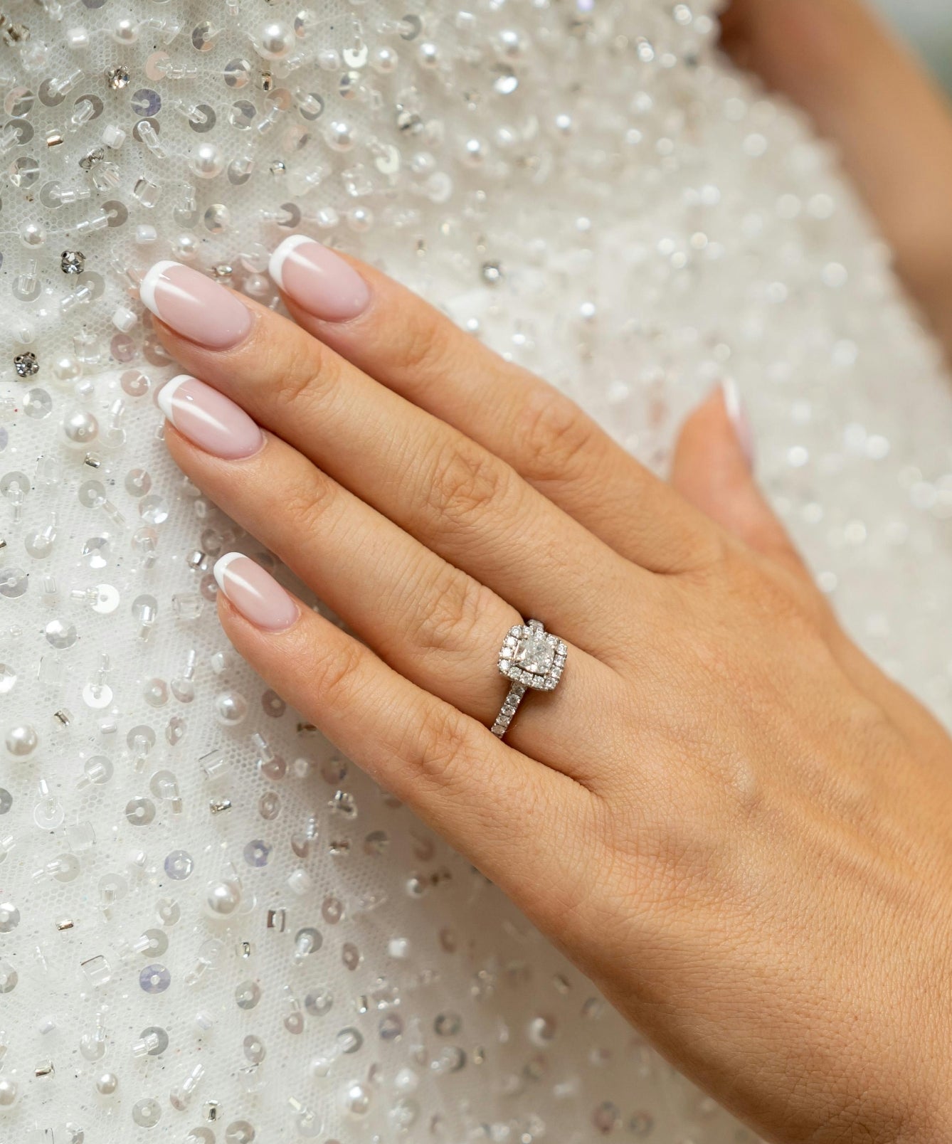 Short Square French with Floral Accents — Wedding Nails