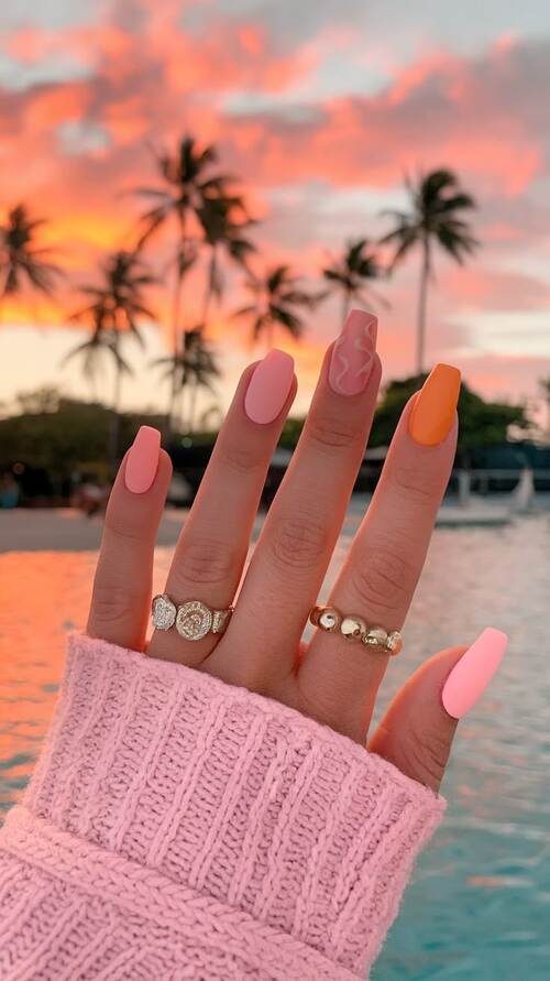 Matte Sunset Wavy Lines Coffin — Vacation Nails