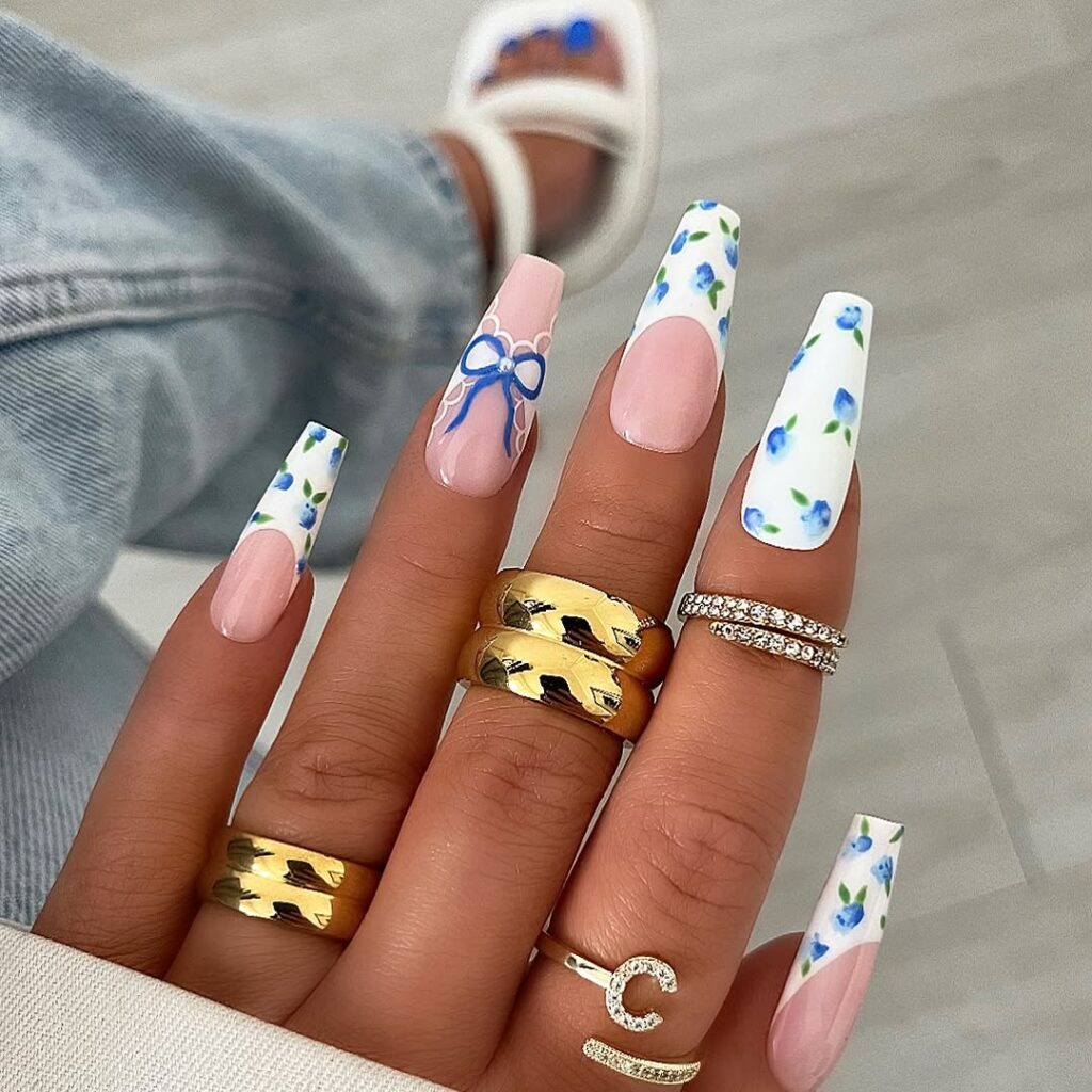 Blueberry & Bow Accent Nails on Pink Coffin Blueberry & Bow Accent Nails on Pink Coffin — Cute Nails