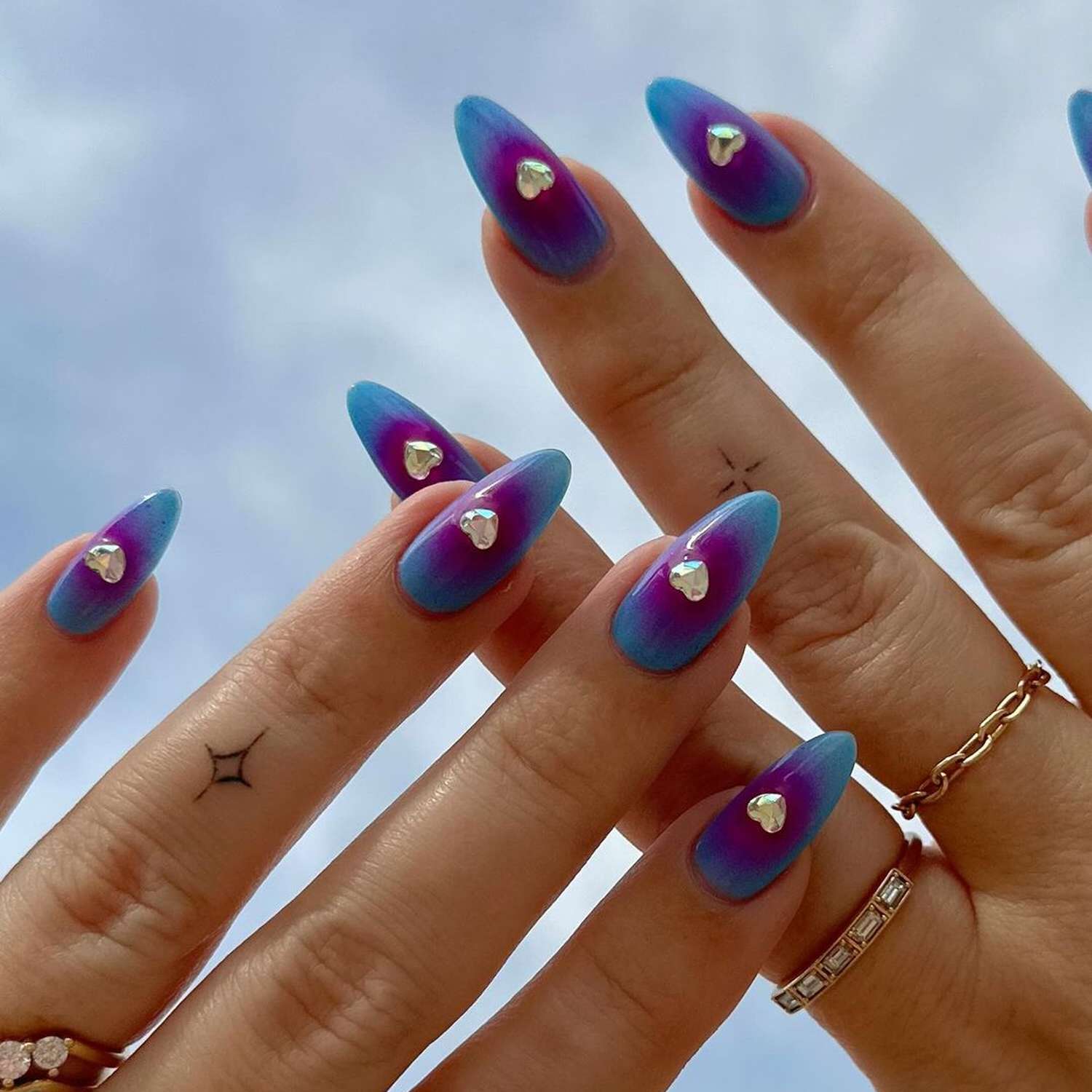 Blue Purple Gradient Heart Charm Stilettos — Gel X Nails